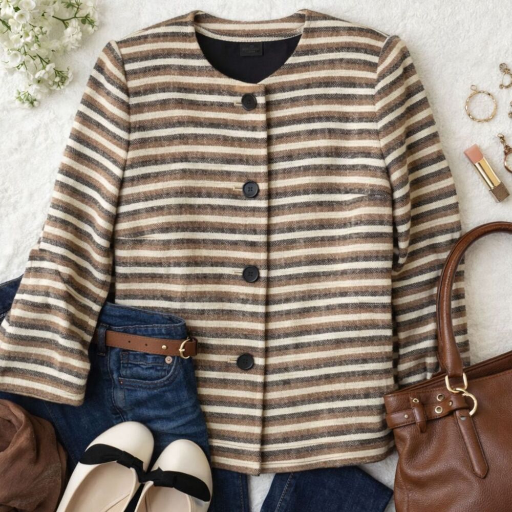 Talbots Women’s Size 16 Striped Blazer Cotton Blend Brown Cream Button Front